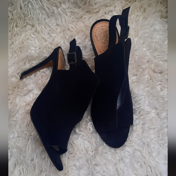VC-Catina Shoes - Vince Camuto Black Suede Open-Toe Slingback Heels